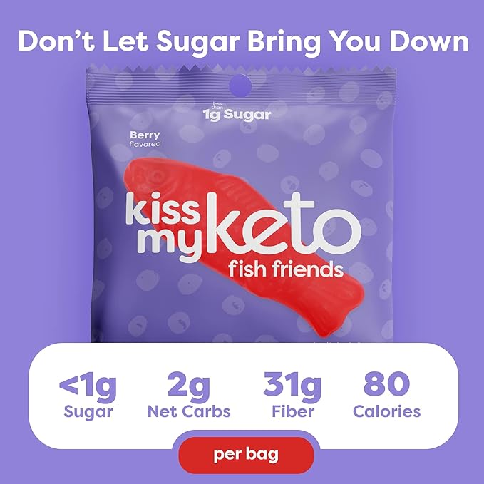 Kiss My Keto Sugar Free Gummies, Gummy Fish 6-Pack – Satisfy Cravings while Staying in Ketosis – High Fiber, 2g Net Carbs, Non-GMO, Vegan, & No Gluten – Calorie-Friendly Vegan Candy
