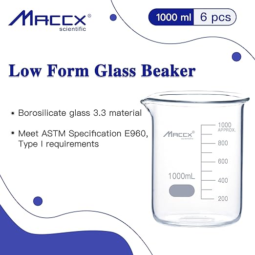 Glass Beaker, Vol. 1000ml, 3.3 Borosilicate Griffin Low Form with Printed Graduation,Pack of 6, BKL1K0-006