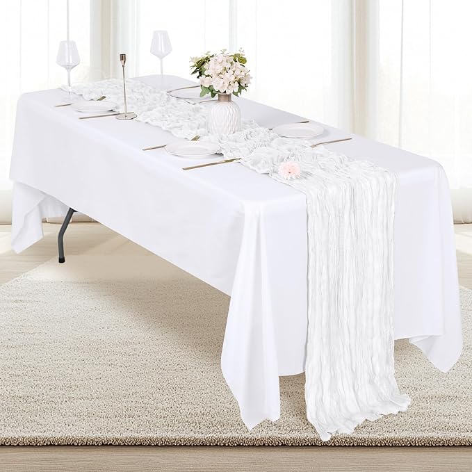 6 Pack White Cheesecloth Table Runner 17x108 Inch Semi Sheer Boho Gauze Cheese Cloth Fabric Table Runners, for Wedding Party Baby Shower Birthday Home Decor Garden Farmhouse