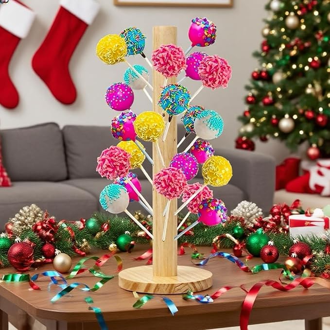 Wooden Cake Pop Stand with Spinning Base, 48-Hole Dessert Display Holder for Candy Buffet Table, Birthday Wedding Baby Shower Party Anniversary Decor (1 Pack)