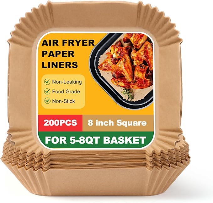 200Pcs 8” air fryer liners disposable parchment liners square, Non-Stick Air Fryer Liners Parchment Paper for Microwave