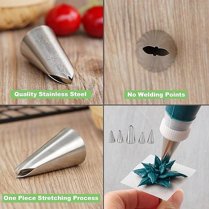 6 Pcs Leaf Piping Icing Nozzle, Cake Decorating Tube Tips Set, Leaves Stainless Steel Icing Piping Nozzles for Pastry Fondant DIy Baking Tools with Cleaning Brush (Leaf)