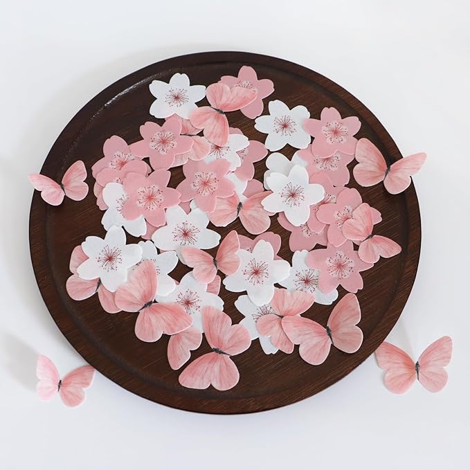Pink Series Cherry Blossom Butterfly Edible Cake decoration Wedding pink theme Birthday party Wafer paper pink butterfly dessert decoration (Set 5【Mix 104pcs】)
