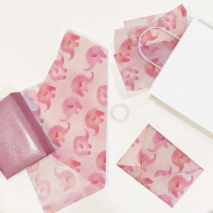 Pink Elephant Printed Tissue Paper for Gift Bags or Boxes and Wrapping - Baby Shower Bulk Decorative Art Tissue Paper for Packaging and Gifting | 24 Sheets 20" x 30"