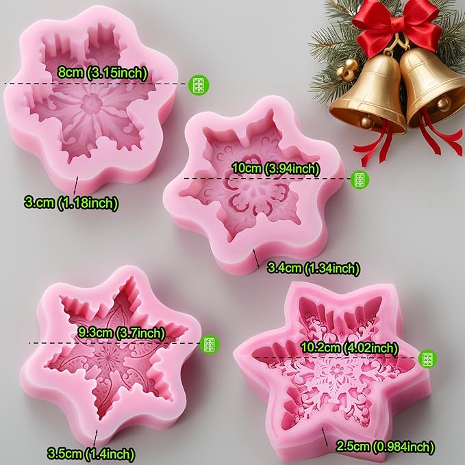 Snowflake Silicone Molds Christmas Snowflake Soap Molds Snowflakes Candle Mold 3D Christmas Silicone Chocolate Mold for Making Soaps Candles Bath Bomb Cookie Cake Candy Chocolate Muffins Ice(4 Pink)