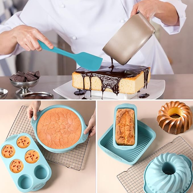 7in1 Nonstick Silicone Baking Cake Pan Cookie Sheet Molds Tray Set for Oven, BPA Free Heat Resistant Bakeware Suppliers Tools Kit for Muffin Loaf Bread Pizza Cheesecake Cupcake Pie Utensil