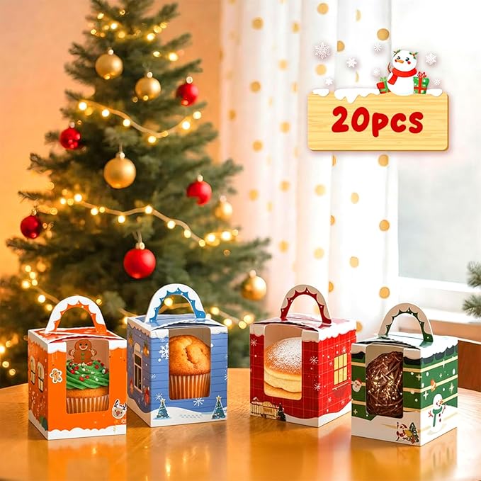 20PCS Christmas Cupcake Boxes,Cookie Boxes with Window for Christmas Party Birthday Family Gathering 3.7" x 3.7" x 4.3"
