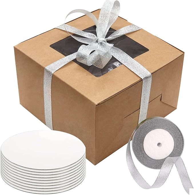 Wei Long 8 Inch Cake Boxes with window 24pcs Cake Boxe with cake boards 8x8x5 Inches Bakery Boxes Cajas Pasteles for Cake,Pastries,Cookies,Pie,Birthday Party,Wedding (Brown)
