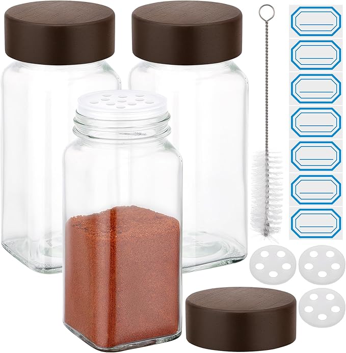 Segarty 4oz Spices Jars with Wood Lids, 3 Pack Square Spice Containers, Empty Glass Seasoning Organizers Spices 120ml Cereal Storage Bottles, Small Salt and Pepper Shakers with 7 Stickers and 1 Brush