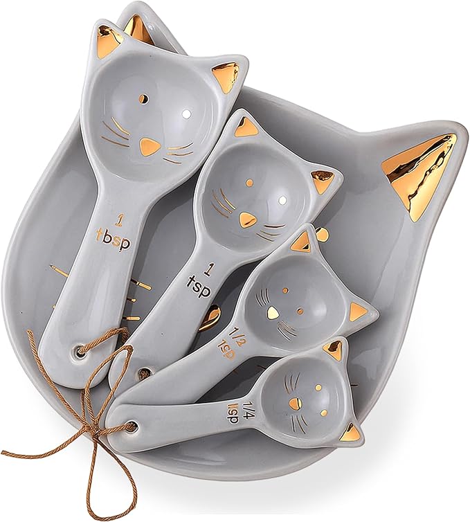 Patelai 5 Pcs Cat Measuring Spoons Set Kitchen Ceramic Counter Cat Ceramic Soup Spoon for Christmas Women Gift(Gray)