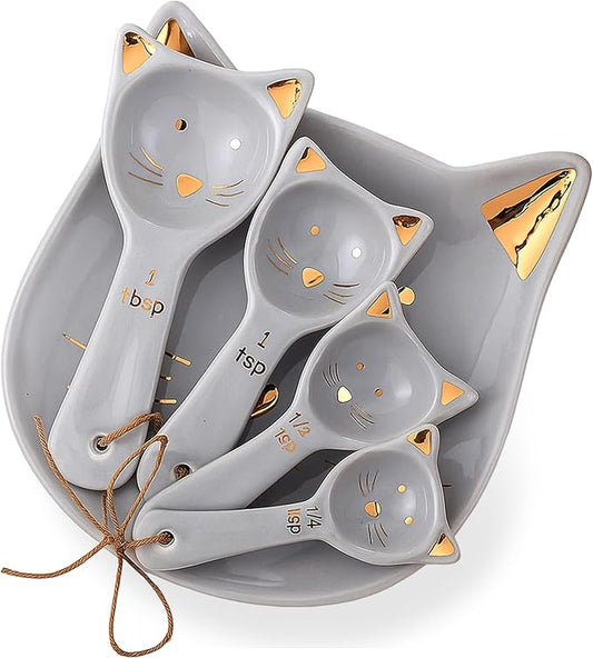 Patelai 5 Pcs Cat Measuring Spoons Set Kitchen Ceramic Counter Cat Ceramic Soup Spoon for Christmas Women Gift(Gray)