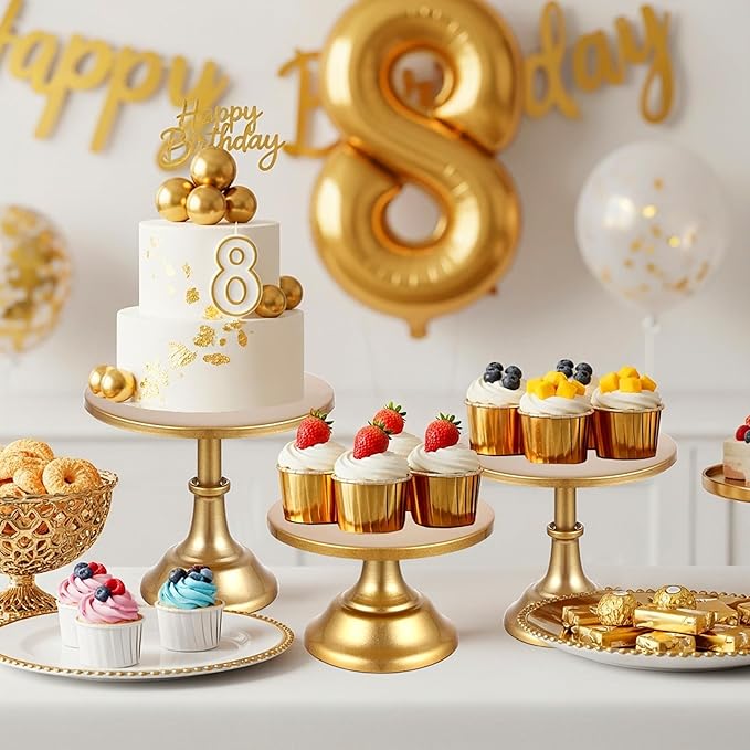 4 PCS Gold Cake Stand Set with Gold Pedestal Cake Stand and Cake Cutter Pie Spatula, Dessert Table Display Set for Wedding, Party, Birthday, Baby Shower, Event Bridal Celebration