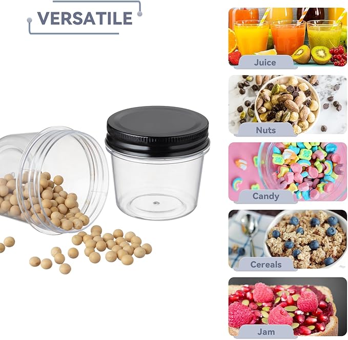 novelinks Plastic Jars With Lids 60Pcs 4 oz Mason Jars Plastic Mason Jars 4 oz Food Storage for Milkshakes Juice Nuts Cupcakes (Black, 60 Pack 4 Ounce)