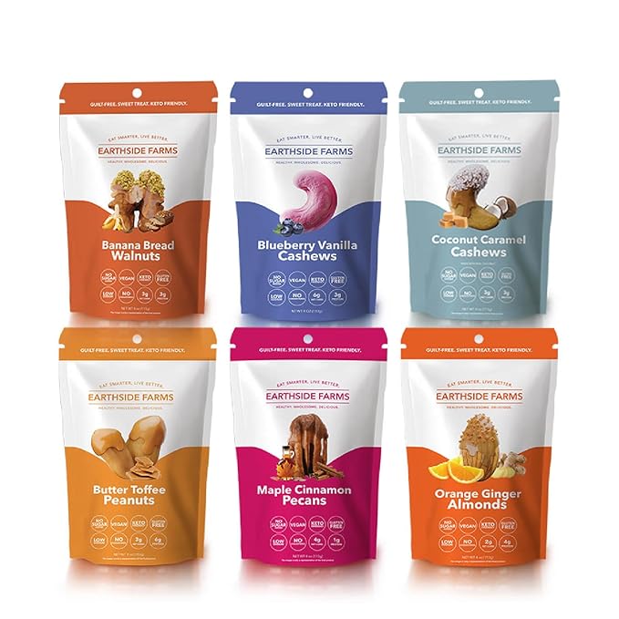 Earthside Farms Candied Nuts, Low Sugar Keto snack, Gluten Free, Plant Protein, Vegan, Whole, Natural, Superfood Healthy Snack, Pack of 6 (4 Ounce)