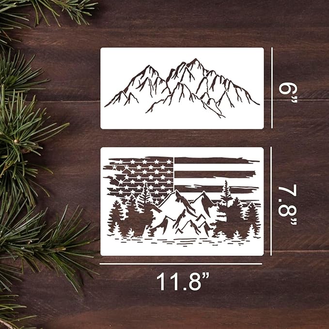 Pine Tree & Mountain Animal Stencils for Wood Burning, Painting & Decorating, 16pcs Reusable & Washable PET Plastic, 12x8 & 12x6 Inch