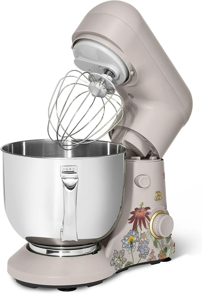 Beautiful 5.3 QT Stand Mixer w/Tilt-Head Design, Stainless Bowl, 300-Watt Power, 12-Speed Control, Includes Beater, Dough Hook, Whisk, Splash Shield (Wildflower Porcini Taupe)