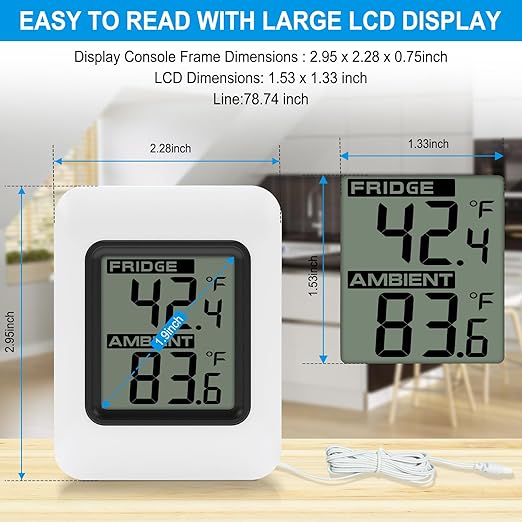Urageuxy Digital Refrigerator Thermometer with Large LCD, Wired Freezer Room Indoor Outdoor Thermometer with Magnetic Back, Easy to Read