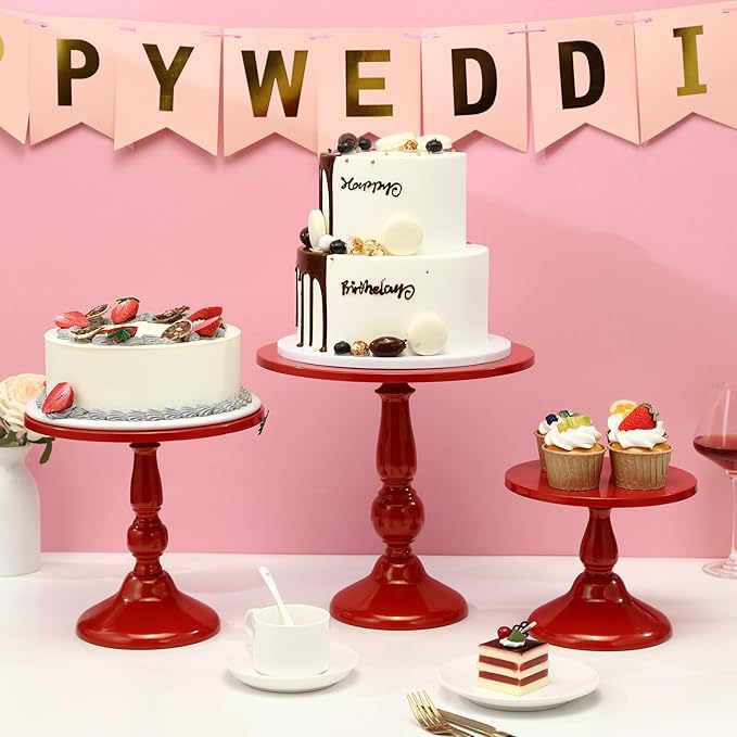 Set of 3 Red Cake Stands, QENUIITEA Metal Round Cake Holder Dessert Pie Pizza Display Stand 8" 10" 12" Serving Tray Decoration for Wedding Celebration Party Birthday Baby Shower