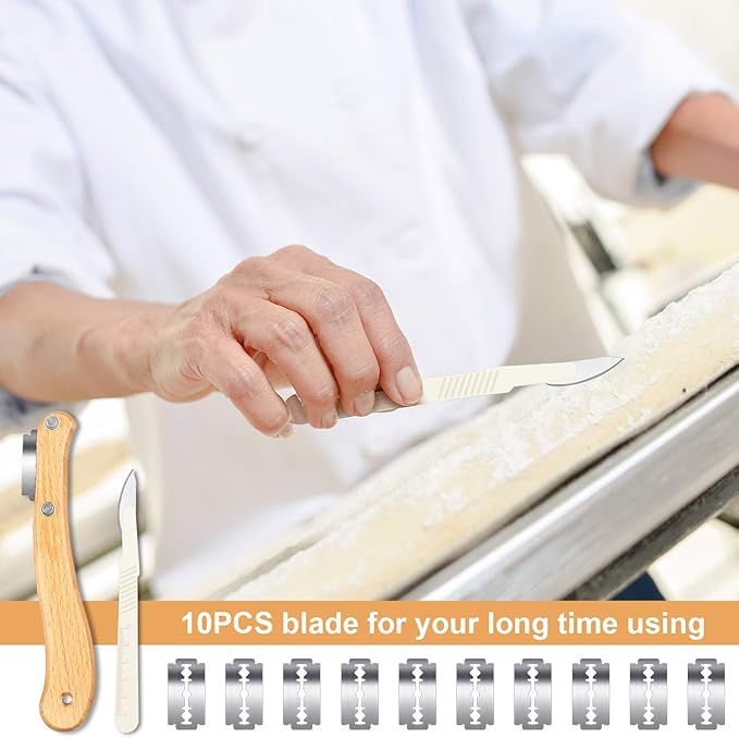 Mudder Bread Lame Scoring Tool Knife Bread Dough Sourdough Tool with 10 Pcs Replaceable Blades Wooden Handle Lame Slashing and 2 Pcs Scoring Knife with Protective Cover for Baking