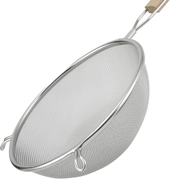Strainer 8-Inch Diameter Medium Stainless Steel Fine Mesh Single Mesh Tan Handle Silver Sieve Kitchen Cooking Food Filter Handheld Multipurpose Strainer
