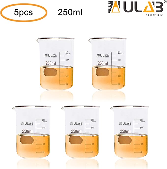 ULAB Scientific Glass Beakers, Vol. 250ml, 3.3 Borosilicate Griffin Low Form with Printed Graduation, Pack of 5, UBG1033