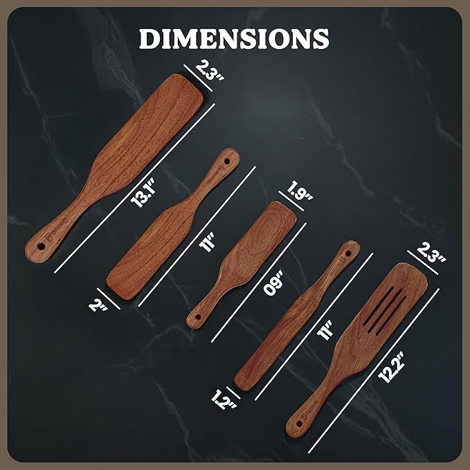 Wooden Spurtle Set - 5 PCS of Different Spurtles As Seen on TV - Wooden Kitchen Tools for Cooking in Nonstick Cookware, for Salad Mixing, Serving, Spreading, Stirring & Folding