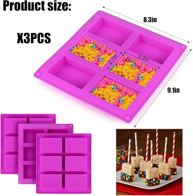 Palksky Rice Snacks Molds for Rice Krispies Treats Baking, 3pcs 6-Cavityrice Cereal Bars Trays for Crispy Treat Making, Candy Making Supplies for Chocolate Brownie Cornbread Pudding Butter Mould