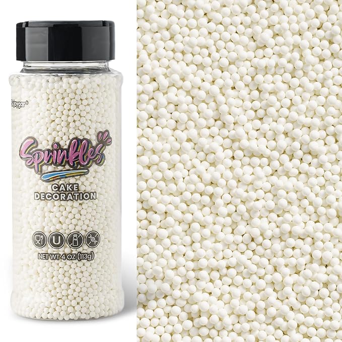 White Nonpareils Sprinkles, Sujoygar 4oz Edible Cake Sprinkles for Ice Cream Toppings Cupcake Chocolate Decoration, Wedding Party Cookies Baking Dessert Food Supplies