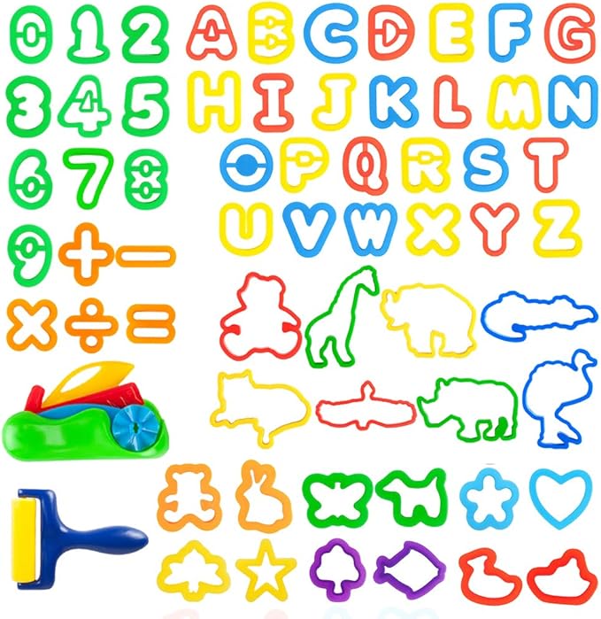 Dough Play Tools Set for Kids Letter Molds，Numeral Various Plastic Animal Molds for Creative Dough Cutting (63 Pieces)