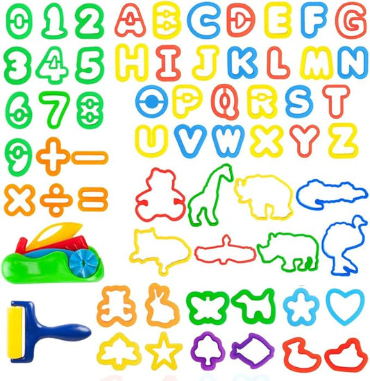 Dough Play Tools Set for Kids Letter Molds，Numeral Various Plastic Animal Molds for Creative Dough Cutting (63 Pieces)