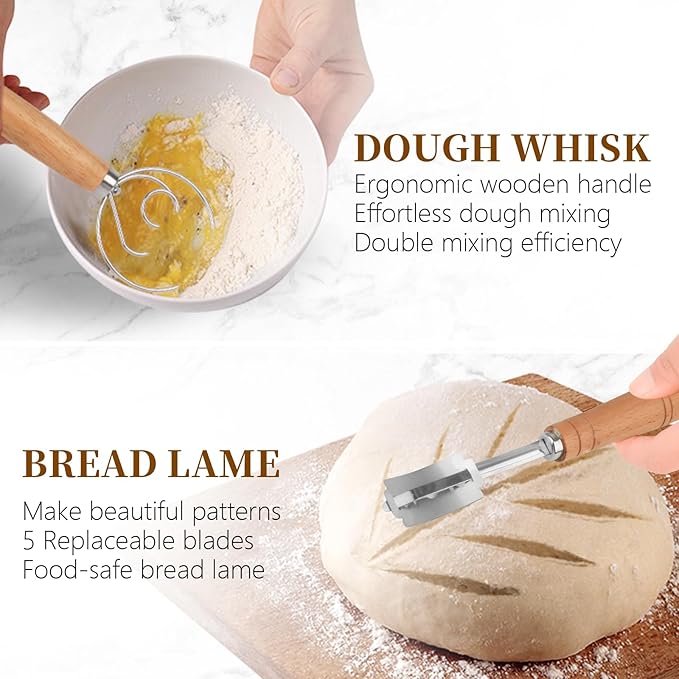 Banneton Bread Proofing Basket Set of 2 9 inch Round Dough Proofing Basket，Sourdough Starter Kit with Linen Liner, Lame, Dough Whisk,Complete Sourdough Bread Baking Supplies