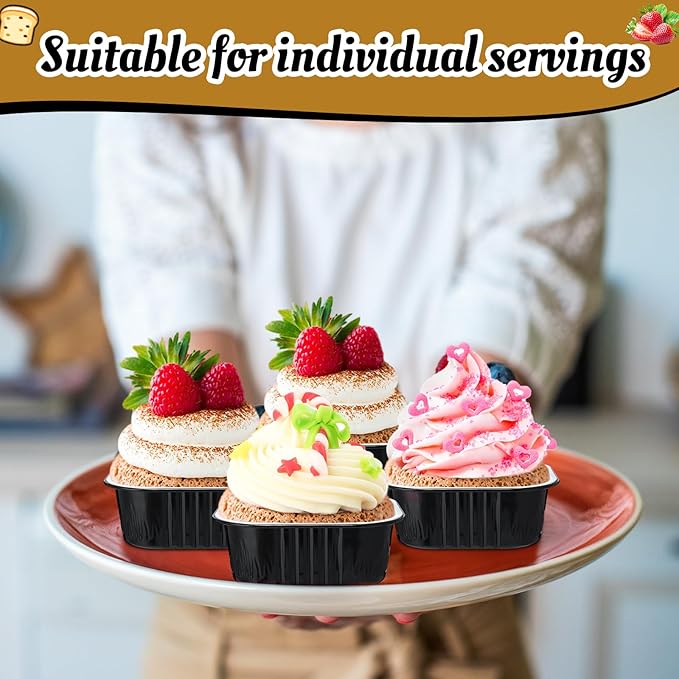 Aoriher 300 Pieces 10 oz Mini Cake Pans with Lids, Aluminum Foil Baking Cups, Square Disposable Cupcake Cups Baking Tins for Wedding Birthday Party Supplies(Black, Silver)