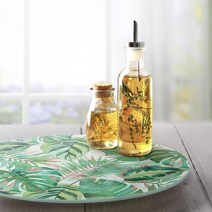 CounterArt Jungle Leaves 4mm Tempered Glass Lazy Susan Turntable 13" Diameter Condiment Caddy Cake Plate Pizza Server