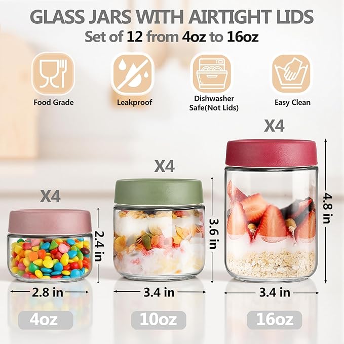 12 Pack Sealed Glass Jars with Lids 4oz 10oz 16oz, Overnight Oats Storage Containers, Salad, Yogurt, Snacks, Spices, Meal Prep Mason Jars - Reusable & Airtight