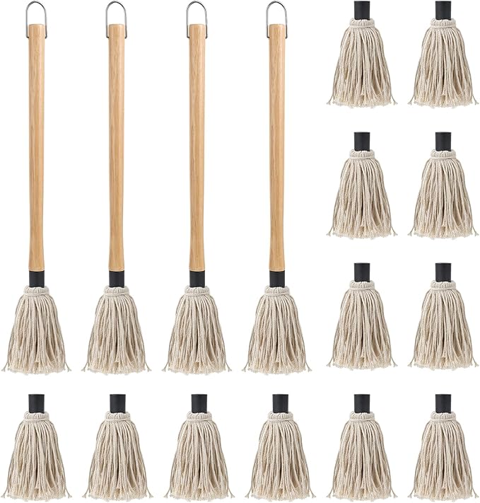 18“ BBQ Mop Brush Set - 4Pcs Grilling Basting Mop with 12Pcs Replacement Heads - Wooden Long Handle BBQ Mop for Basting Steak Marinade Sauce