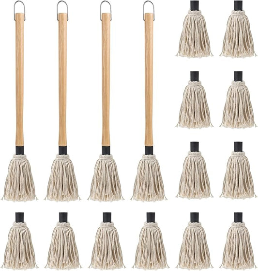18“ BBQ Mop Brush Set - 4Pcs Grilling Basting Mop with 12Pcs Replacement Heads - Wooden Long Handle BBQ Mop for Basting Steak Marinade Sauce