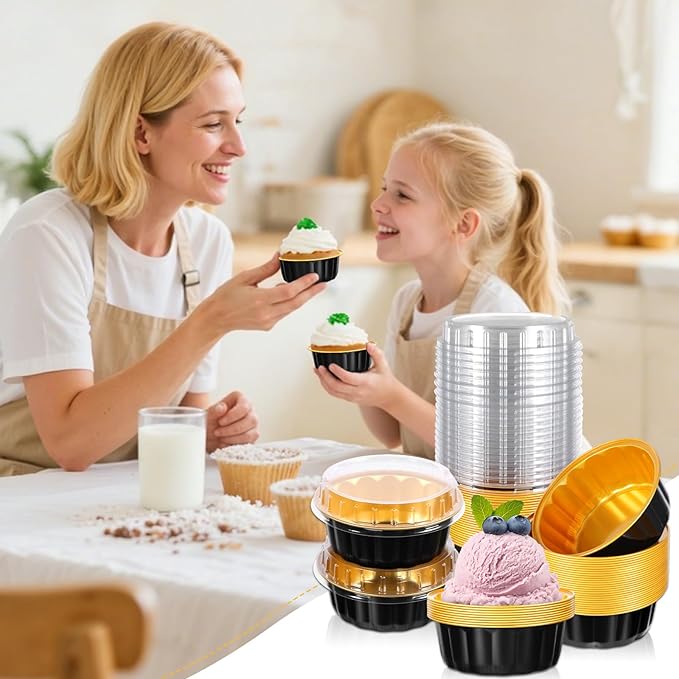 100 Pack 8 oz Disposable Ramekins with Lids, Disposable Ramekin Baking Cups Creme Brulee Ramekin Black Gold Aluminum Foil Cupcake Containers for Wedding Christmas Kitchen Party Graduation