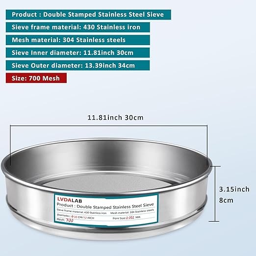 304 Stainless Steel Lab Sieve Screen Mesh, 700 Mesh(0.022mm) Aperture Test Sieve, 12Inch(30cm) Diameter Economy Standard Analysis Sample Test Sieves for Industrial Laboratory Homes