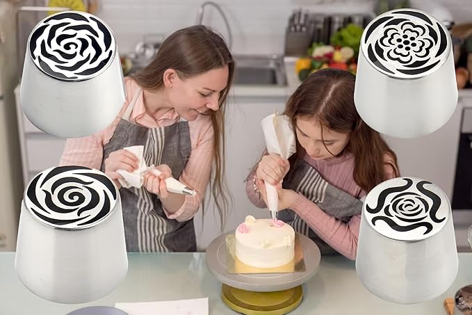 Cake Decorating Kit Extra Large Russian Piping Tips Stainless Steel Icing Tips Set for Buttercream Roses 3D Floral Designs Baker Tools for Wedding Birthday Cakes Cupcakes Cookies (4)