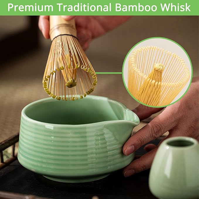 Matcha Whisk Set, Green Matcha Kit with Bowl, Whisk, Bamboo Scoop, Scoop Rest, Sifter - 5 Pcs Kit for Lover