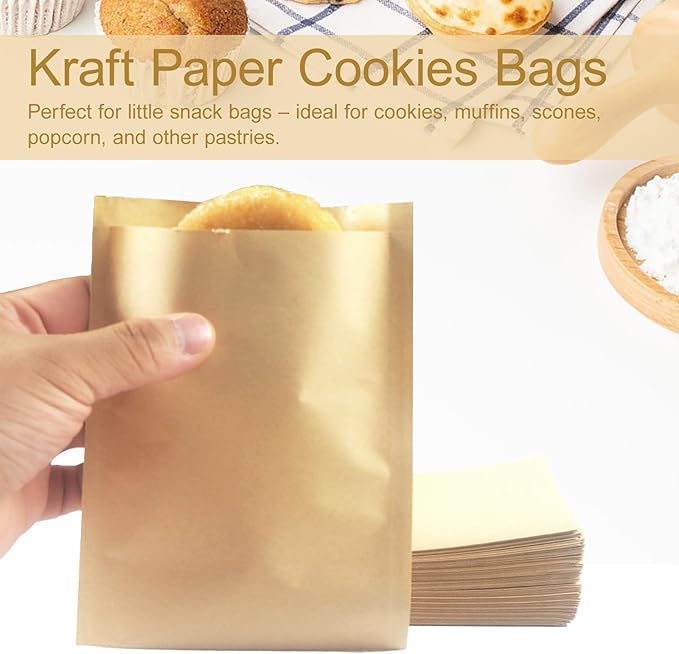 150 Pcs Kraft Paper Cookies Bags, 4.7x6.5 Inch Small Paper Bakery Bags for Treats, Brown Greaseproof Paper Pastry Bags for Cookies, Snack, Treats