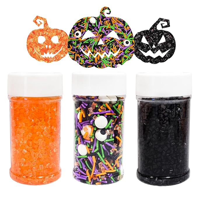 Cake Sprinkles Set for Halloween with Mix Bulk Sprinkles Orange Black Sugar Sanding and Candy Eyes for Baking Decorations, Cupcakes, Cookies - Spooky Party Supplies 3 Bottles (9.5oz)