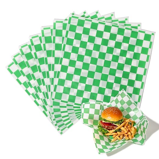 Fit Meal Prep [250 Sheets] 12x12" Deli Paper Sheets, Green and White Checkered Dry Waxed Paper, Sandwich Wrapping, Grease-Proof Wax Paper for Food Basket, Chritmas Parties, Picnic, Burgers