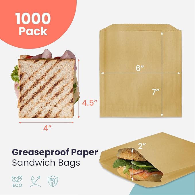 Fit Meal Prep 1000 Pack Paper Sandwich Bags 7 x 6”, Greaseproof Snack Bags, Unbleached Pastry Bag, Recyclable Small Brown Paper Bags, Cookie Sleeves, Food Packing for Bakery, Donuts