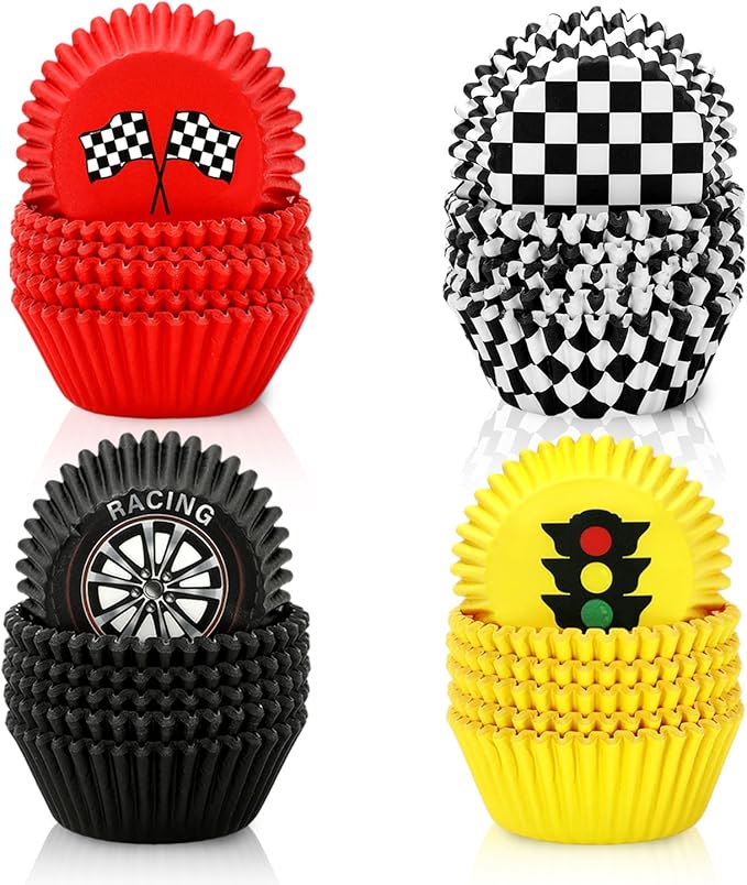 600 Pcs Race Car Cupcake Liner Paper Baking Cups Red Yellow Black White Checkered 4 Designs Muffin Liner Cake Storage Container for Birthday Party DIY Crafts Supplies, 2 x 1.2 Inch