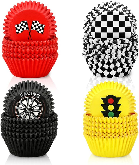 600 Pcs Race Car Cupcake Liner Paper Baking Cups Red Yellow Black White Checkered 4 Designs Muffin Liner Cake Storage Container for Birthday Party DIY Crafts Supplies, 2 x 1.2 Inch