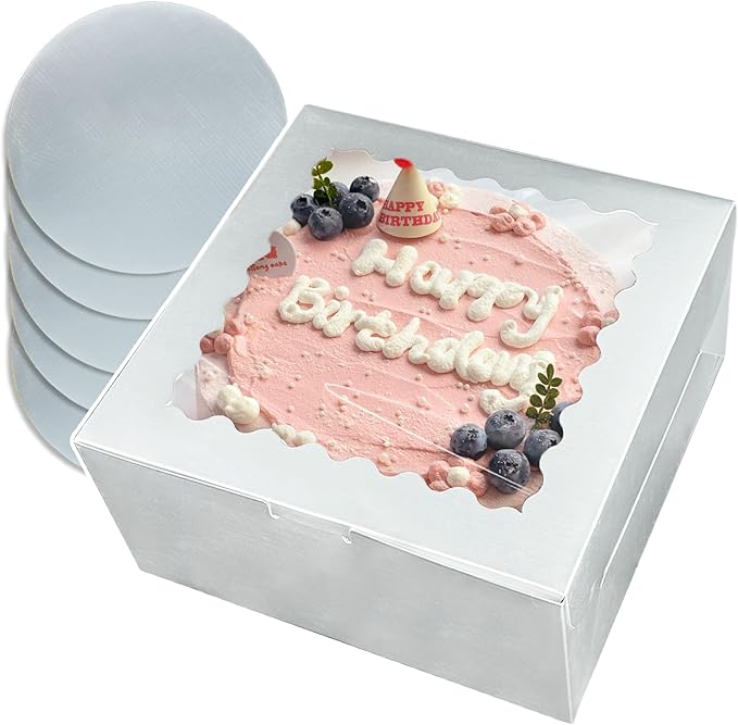 Bakepacker 36pcs 8x8x5 Inches Cake Boxes with Window 18-Packs Silver Cake Boxes 8 Inch Bakery Boxes (18 Cake Boxes +18 Cake Boards Included)
