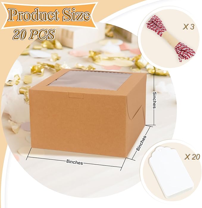 20Pcs 8 Inch Cake Boxes with Window, 8x8x5 Inches Brown Bakery Boxes, Cake Carrier Container for Pastries, Pie, Cookies, Chocolates, Cupcakes, Birthday Party, Wedding