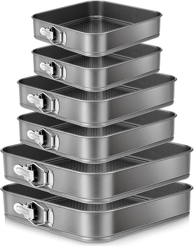 Zubebe Springform Cake Pan Square Non Stick Baking Pan 9.5, 10.2, 11 Inch, Set of 6 Leakproof Square Baking with Removable Bottom Cake Mold for Cheesecake Wedding, 3 Sizes