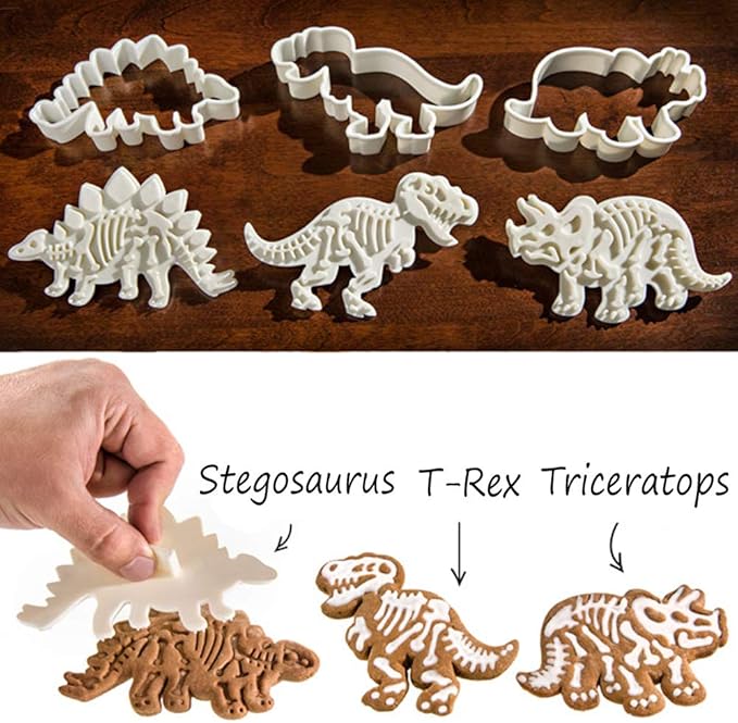 Jurassic Dinosaur Cookie Cutters and Skeleton Stampers T-Rex Stegosaurus Triceratops Fossil Cookie Cutters Set (Pack of 6)